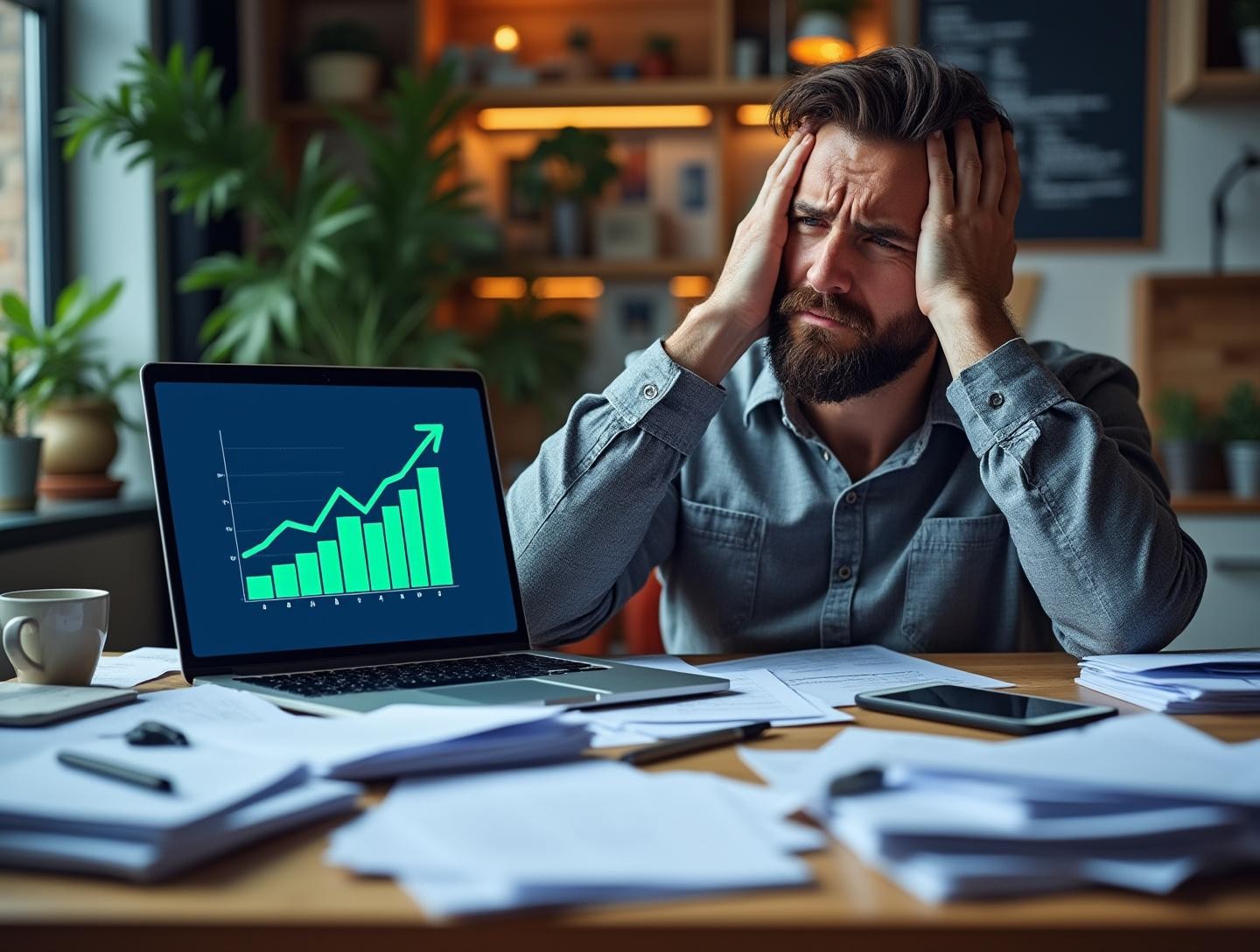 Sitting at a cluttered desk surrounded by paperwork and an open laptop displaying stagnant growth graphs.