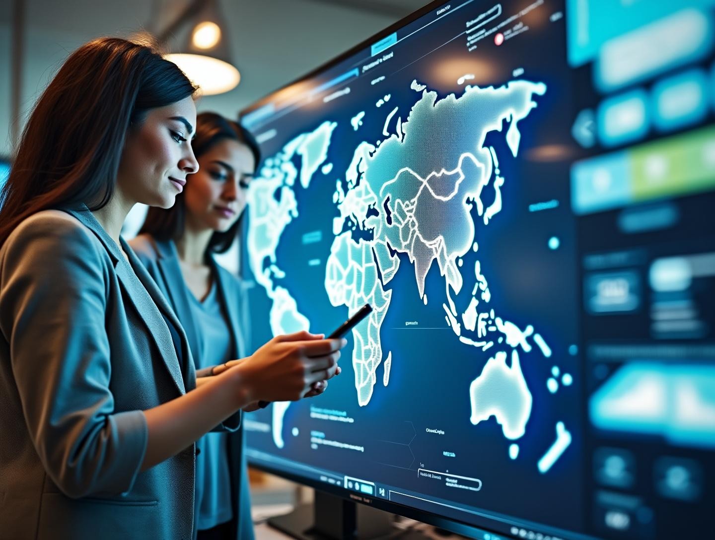 Diverse group of business people connecting virtually through screens with digital world map overlay indicating international collaboration.