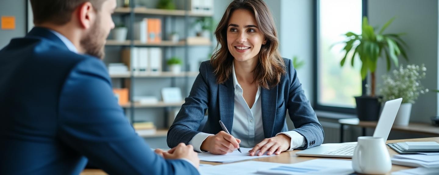Office setting, consultant discussing strategy with business owner at a table with documents.