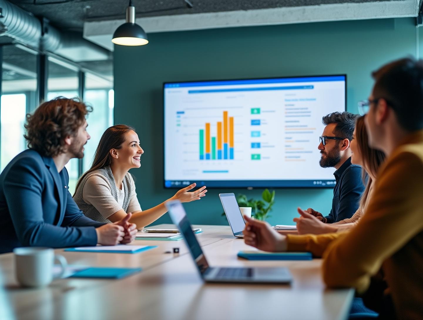 Modern meeting room setup, diverse group of professionals engaged in animated conversation around a large table.