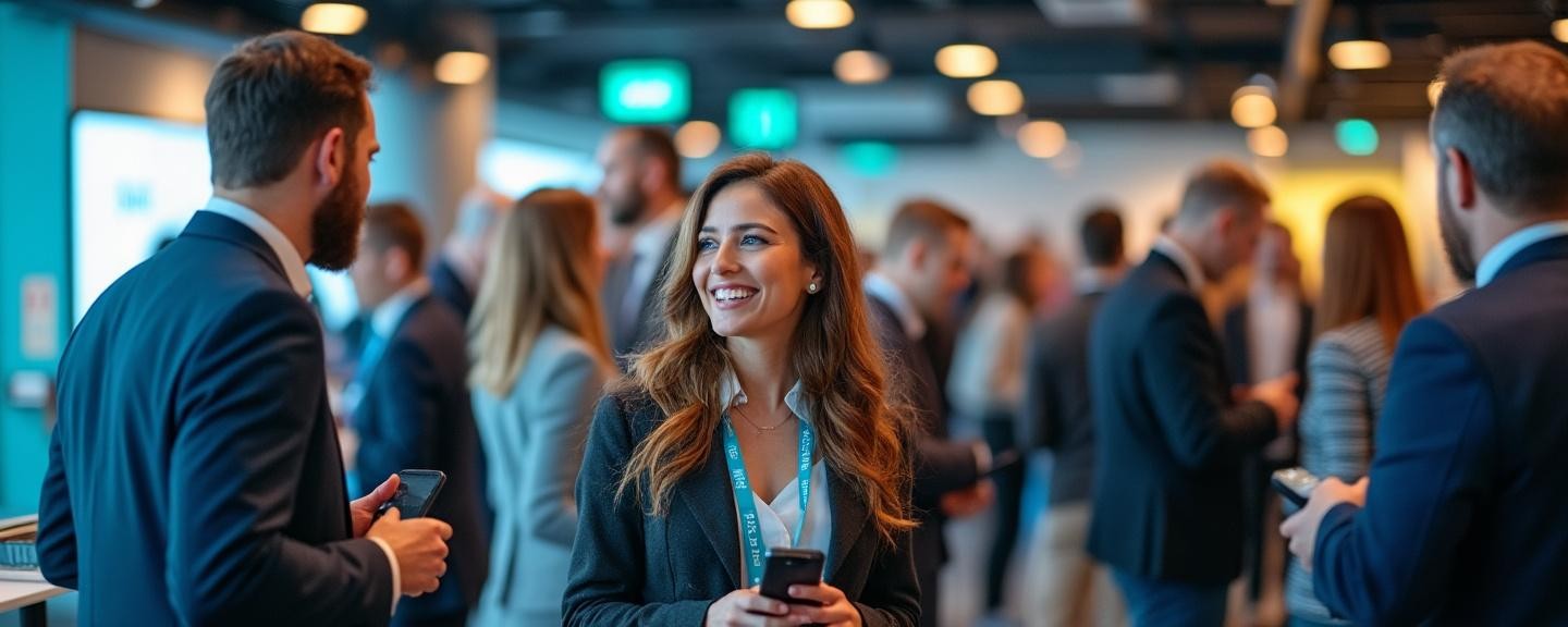 Dynamic networking event with people engaging in conversations and exchanging contact information
