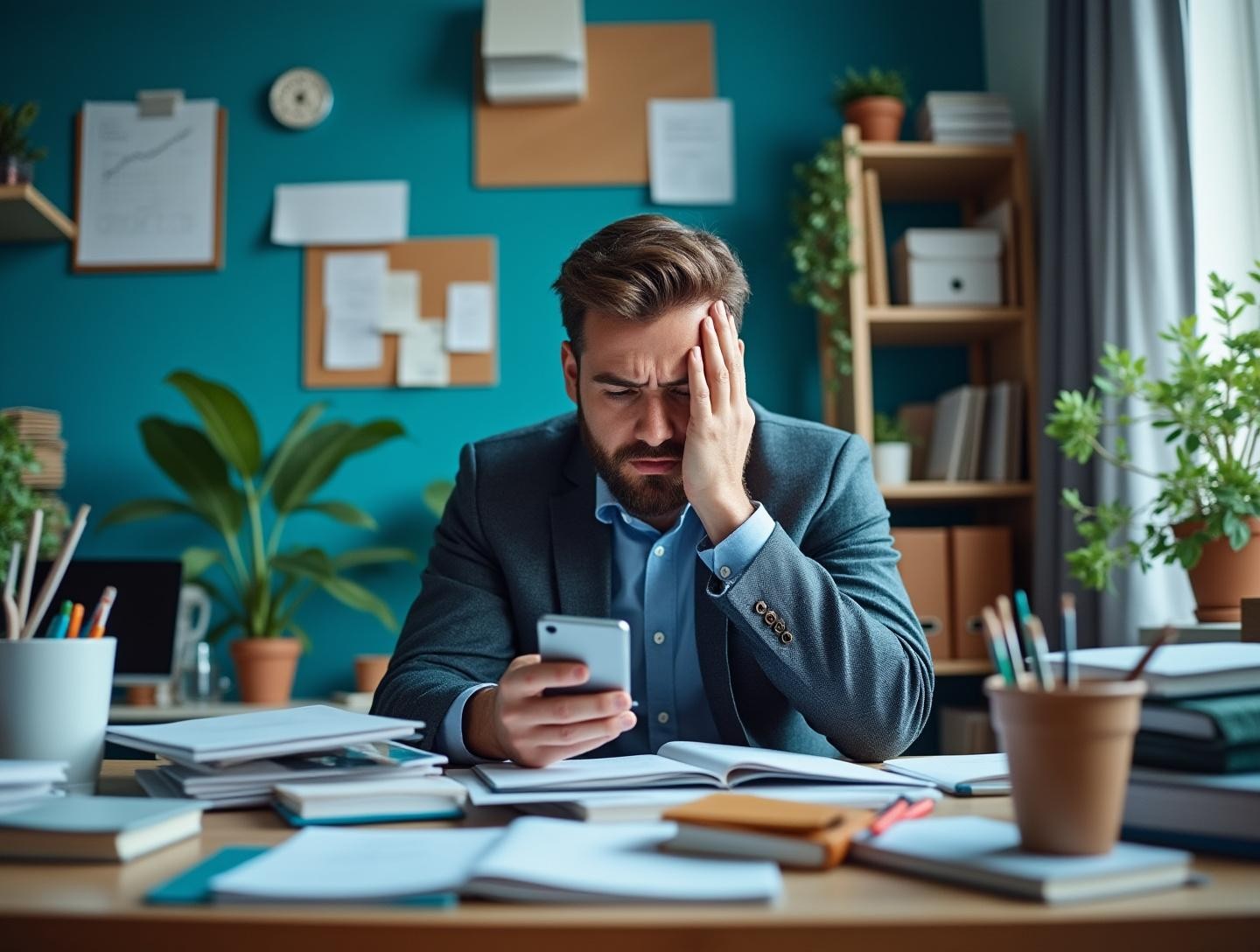 Individual sitting at a desk, surrounded by clutter, looking stressed while holding a phone