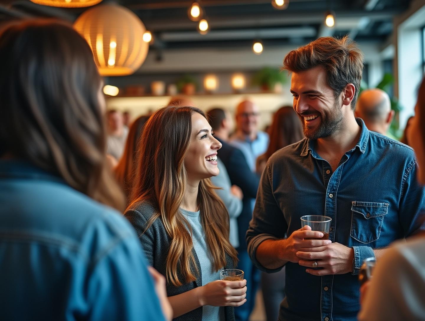 Energetic atmosphere with people mingling, exchanging ideas and laughing in an open space setting