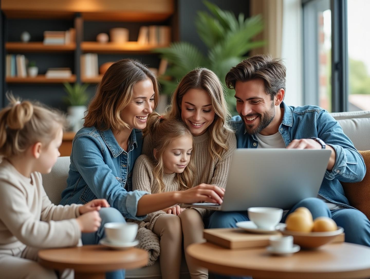 Family looking at a laptop in a cozy living room discussing potential rental properties