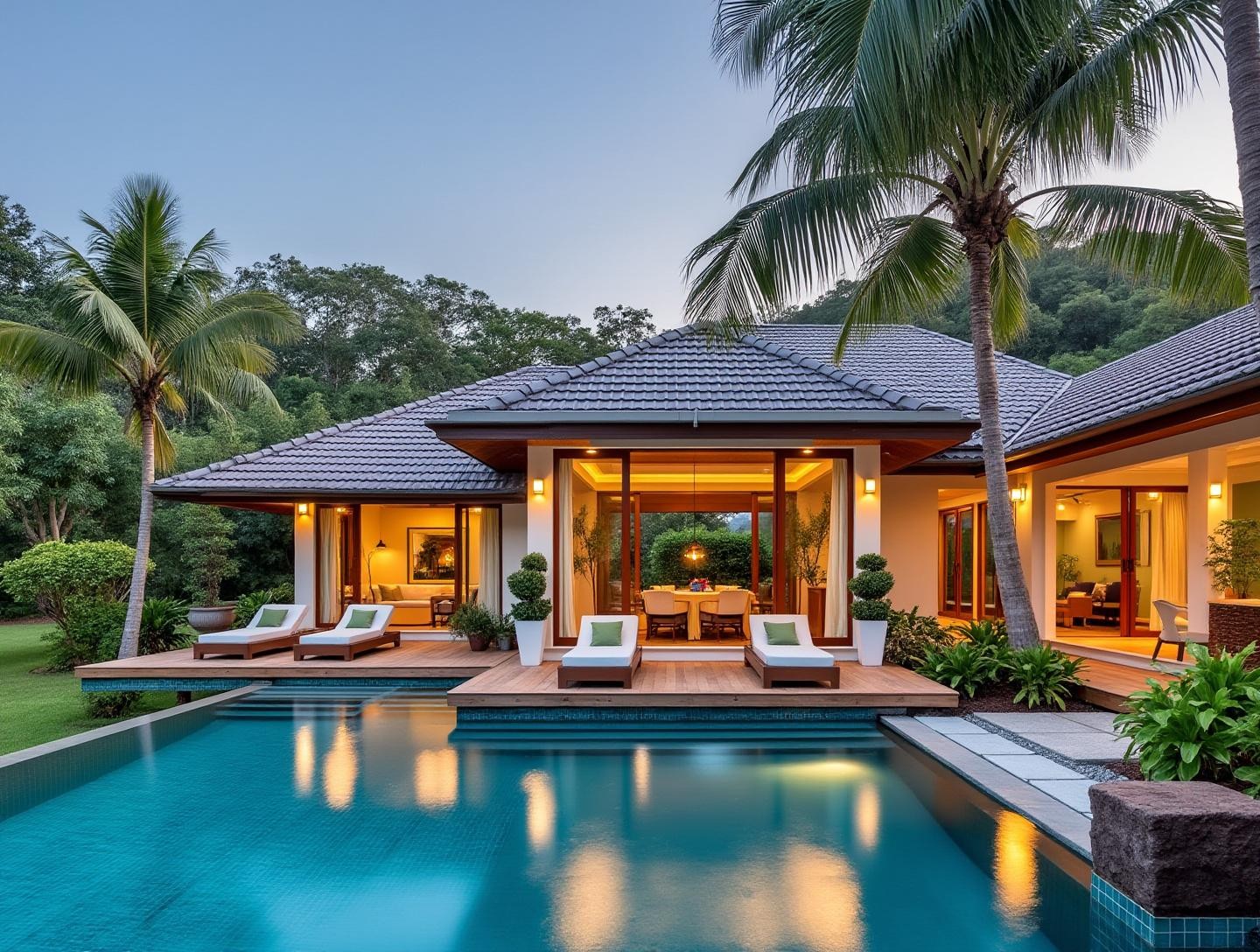 Property featuring an inviting swimming pool and lush garden surrounded by picturesque landscapes