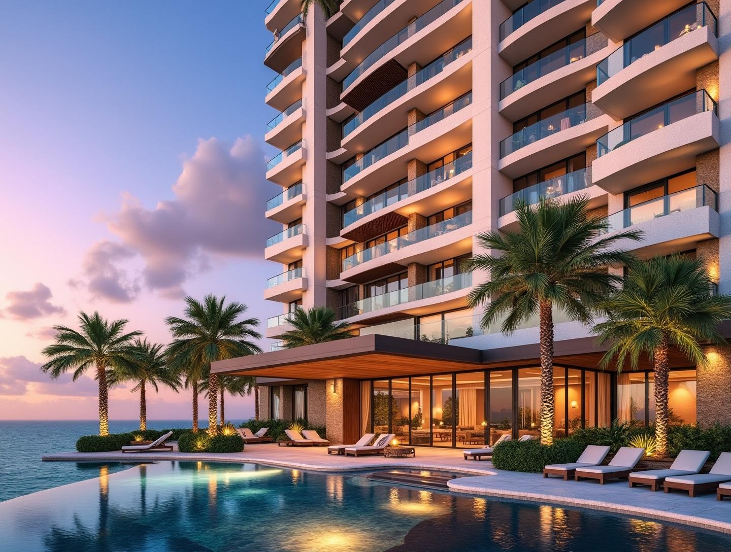 Scenic beachfront location with palm trees and ocean view in the background.