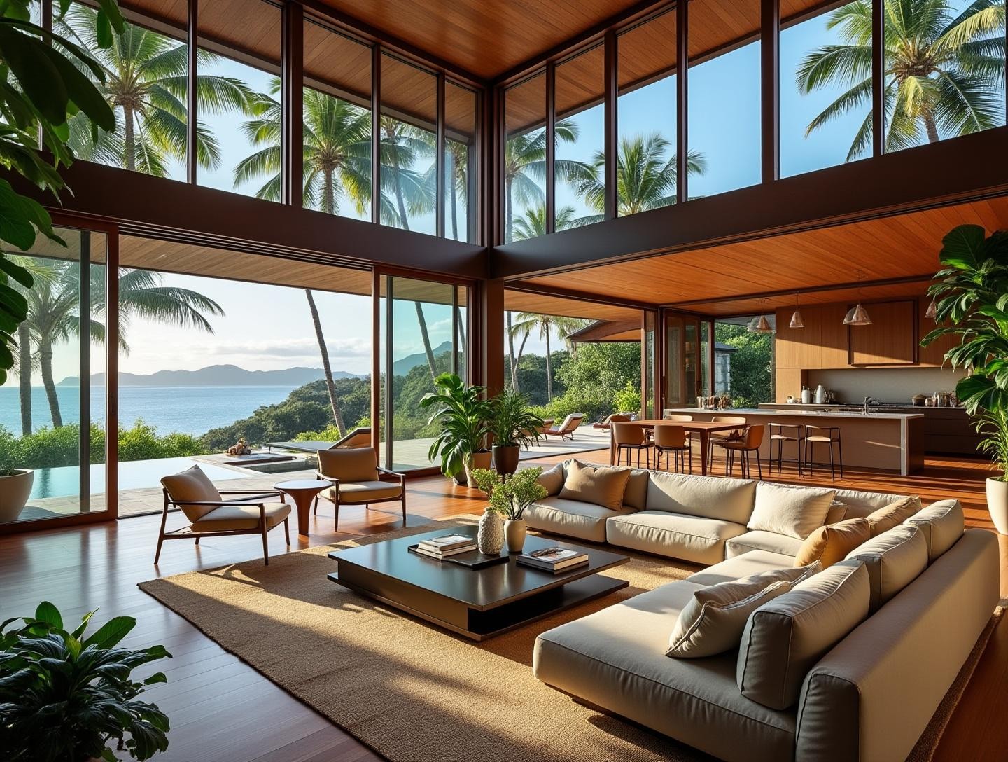 Open living space with large windows, views of lush landscape and island decor