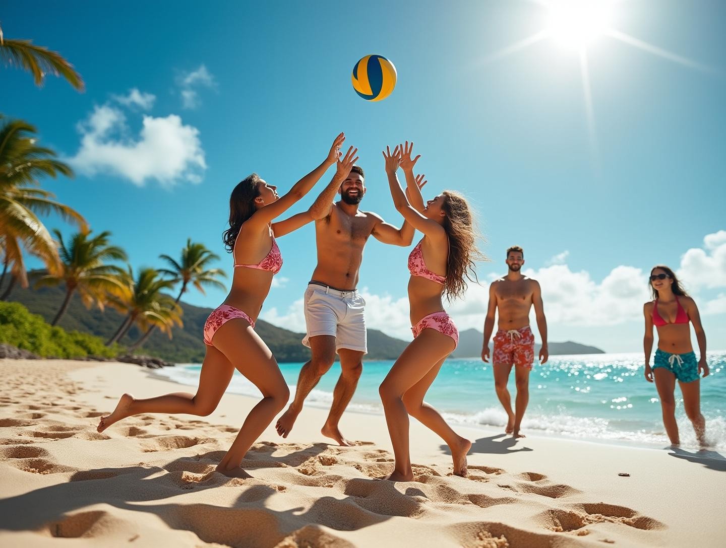 Playing volleyball near the water, clear blue sky and vibrant sun