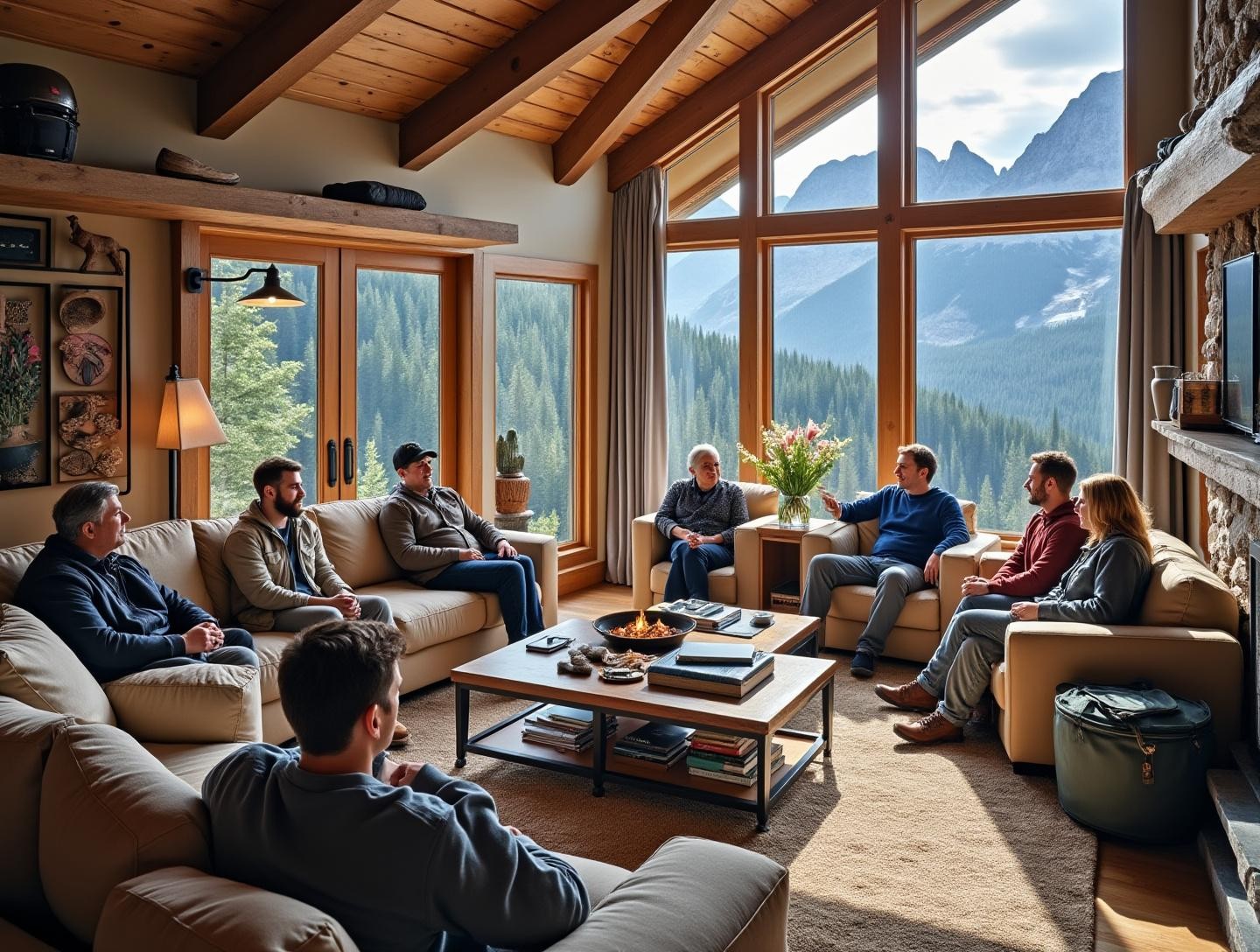 Relaxing in a spacious lodge living room, with outdoor gear and panoramic mountain views