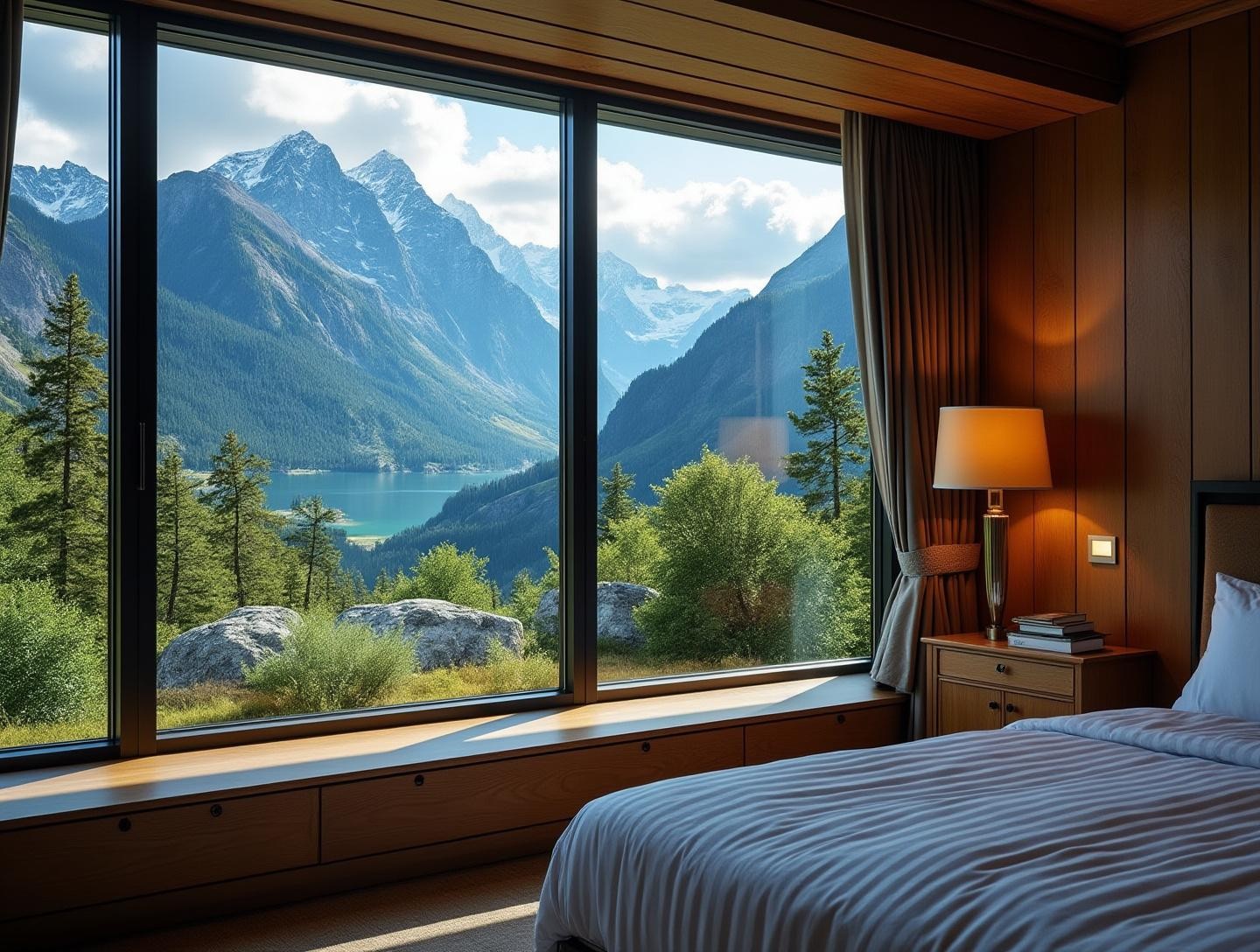 View from inside a room showcasing large windows revealing breathtaking mountain scenery and lush greenery outside