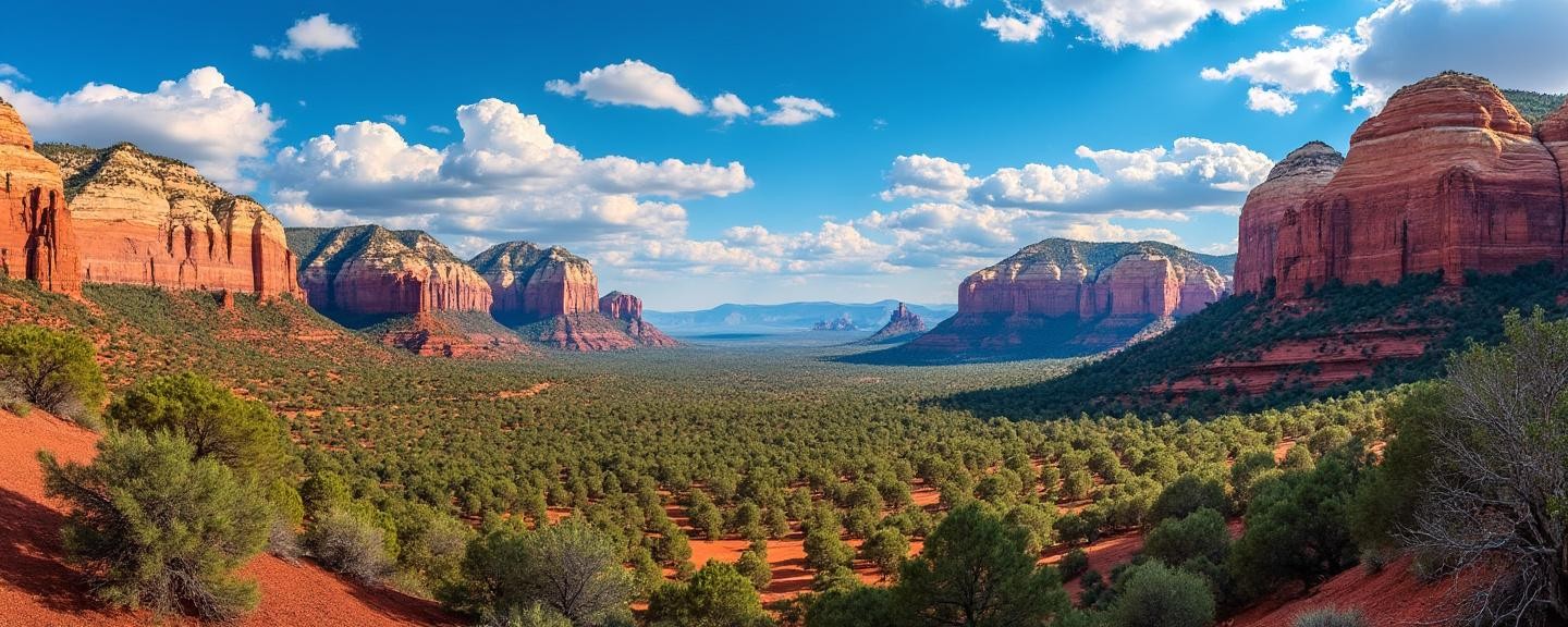 Picturesque desert landscape with red rock formations and blue sky