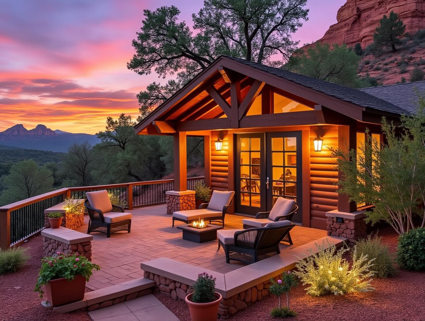 Cozy cabin-style home surrounded by the natural beauty of Sedona, inviting patio, sunset backdrop