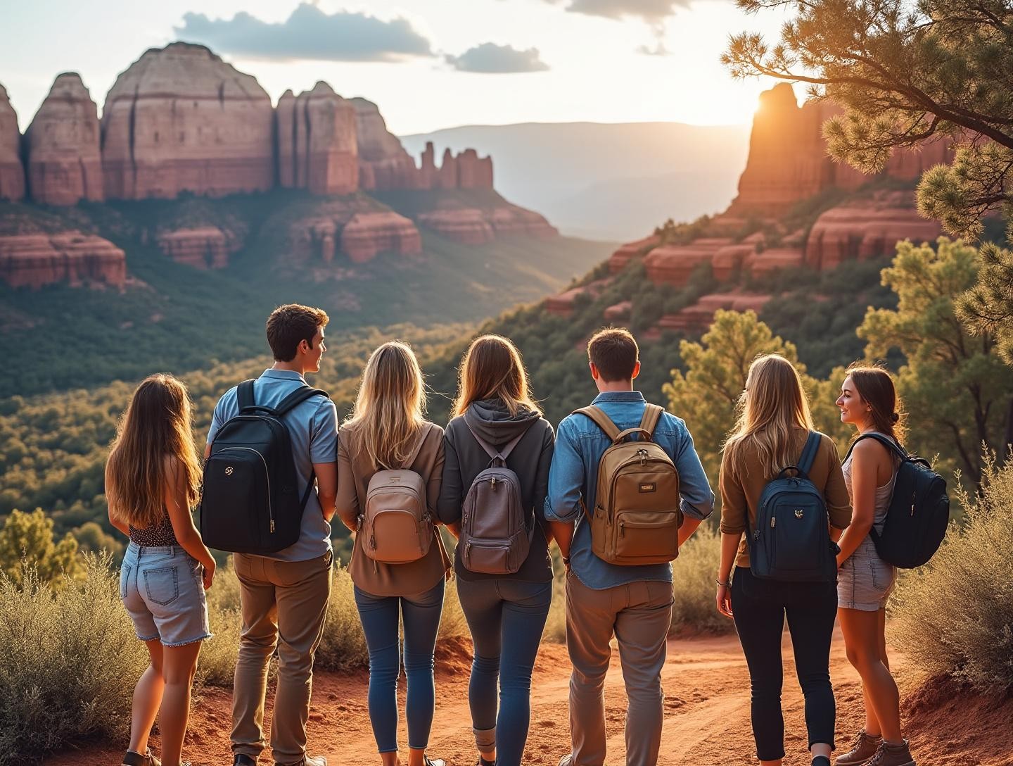 Friends gathered on a scenic trail overlooking Sedona's iconic rock formations, enjoying each other's company