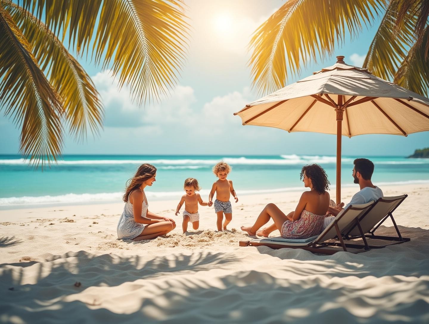 Children playing in the sand while parents relax under a beach umbrella with palm trees and crystal-clear waters in the background