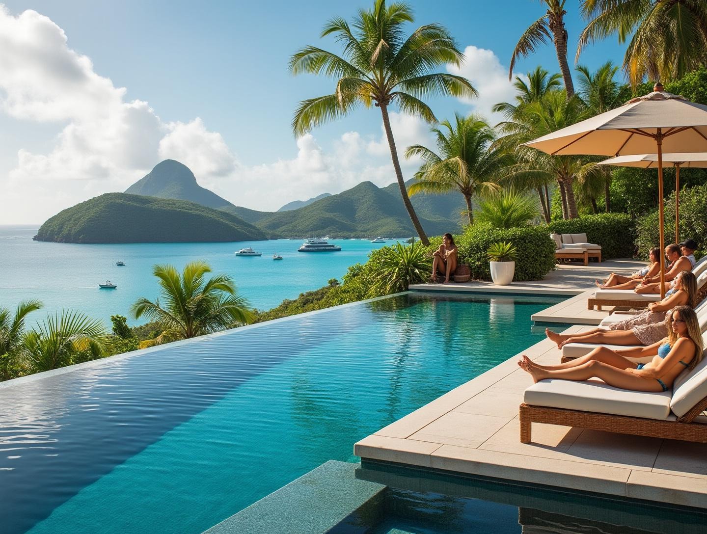 People lounging by an infinity pool overlooking the ocean, surrounded by tropical foliage and luxurious amenities in Saint Thomas