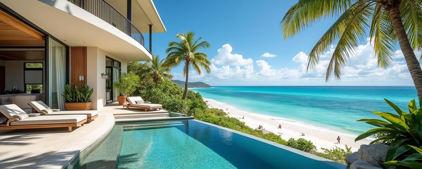 Overlooking a beautiful beach with palm trees and clear blue skies