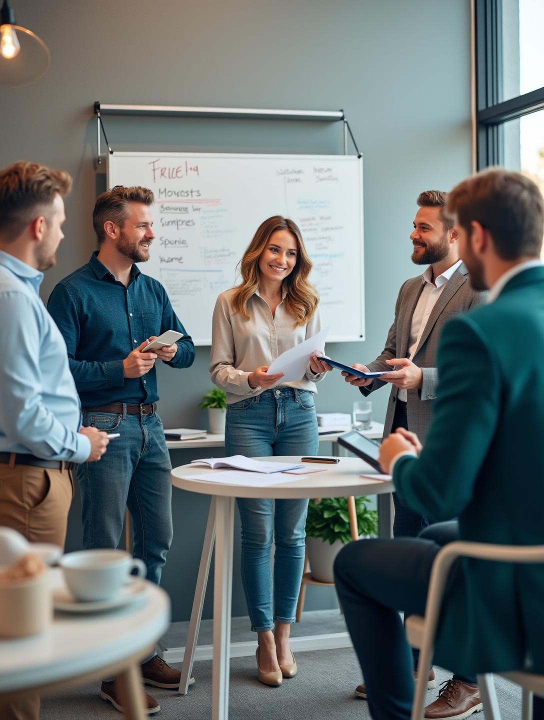Professional consultants discussing timeshare exit strategies in an office setting with a whiteboard and documents