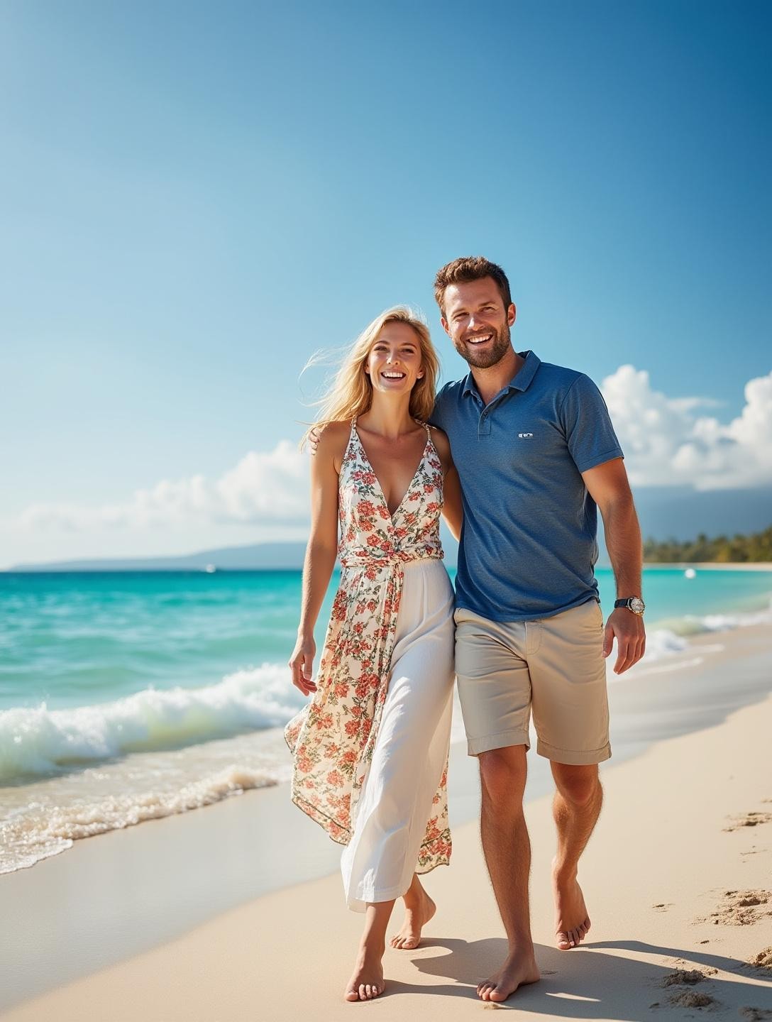 A relaxed couple enjoying a sunny beach, representing freedom and vacation without commitments