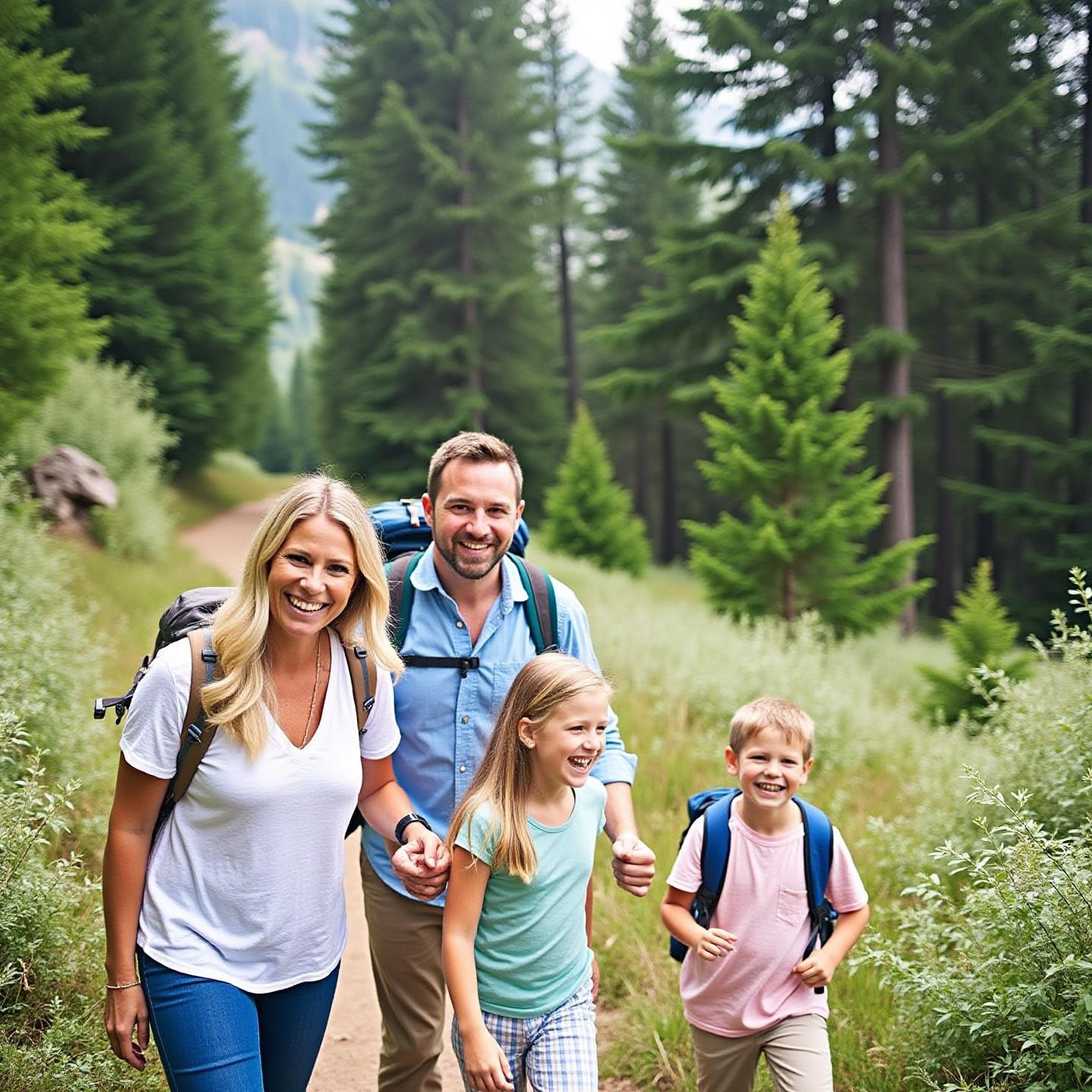 A family joyfully hiking through a scenic forest trail, signifying adventure and exploration freed from timeshare burdens