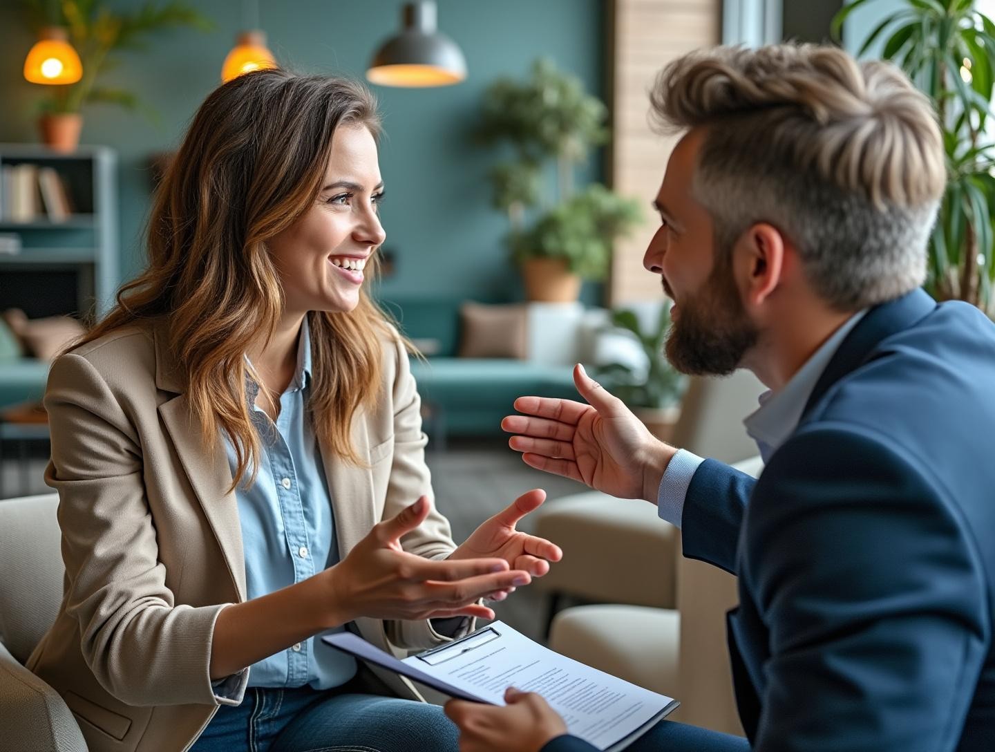 A travel expert reassuring a client in an office environment, discussing options for future vacations away from timeshares