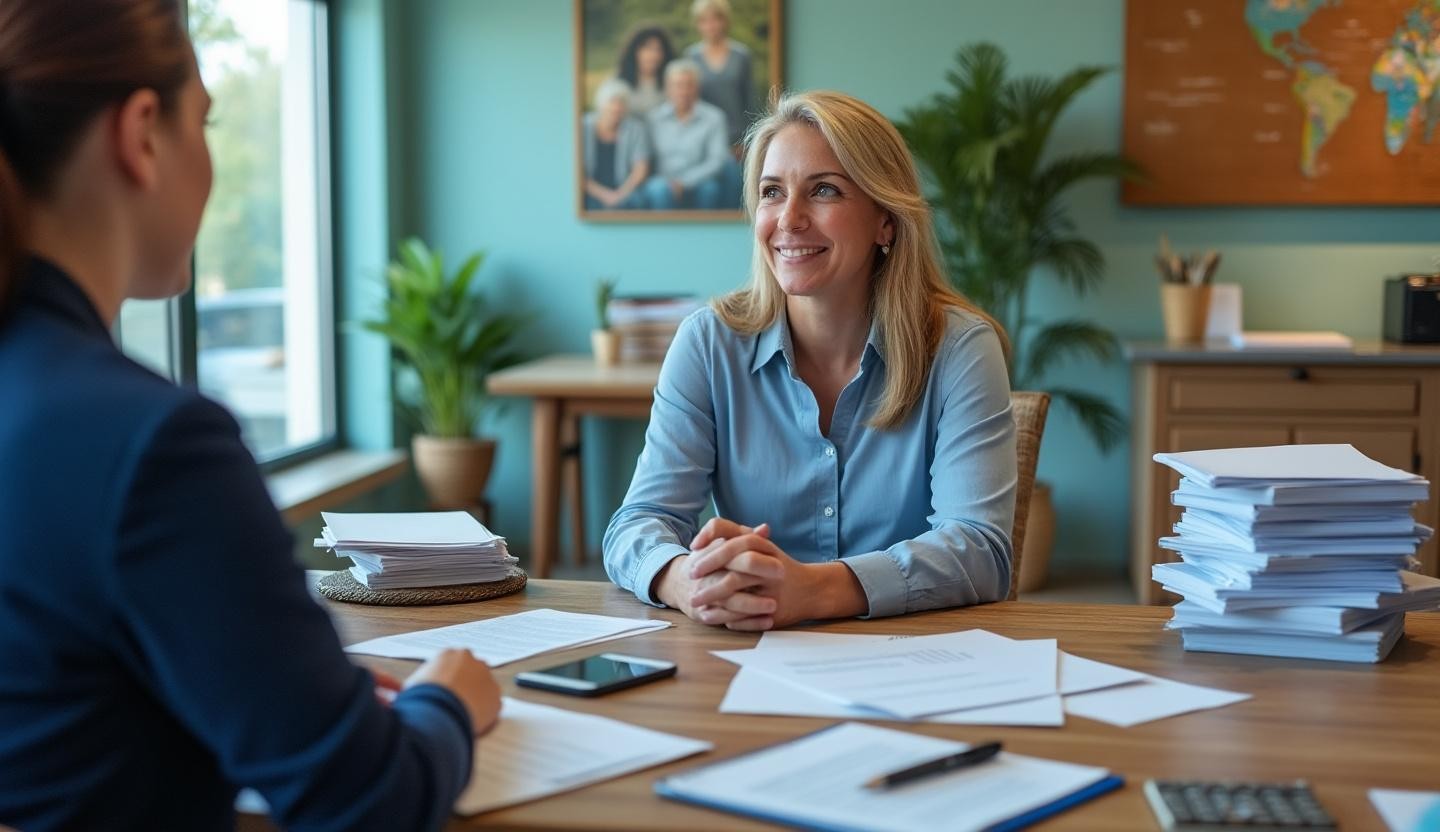 Office setting with a stack of documents on the table