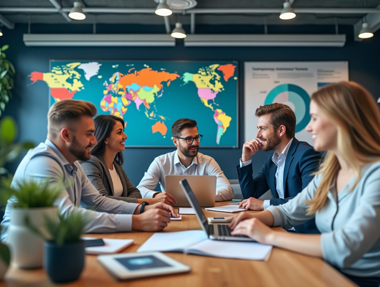 Modern office space with computers and charts on the walls