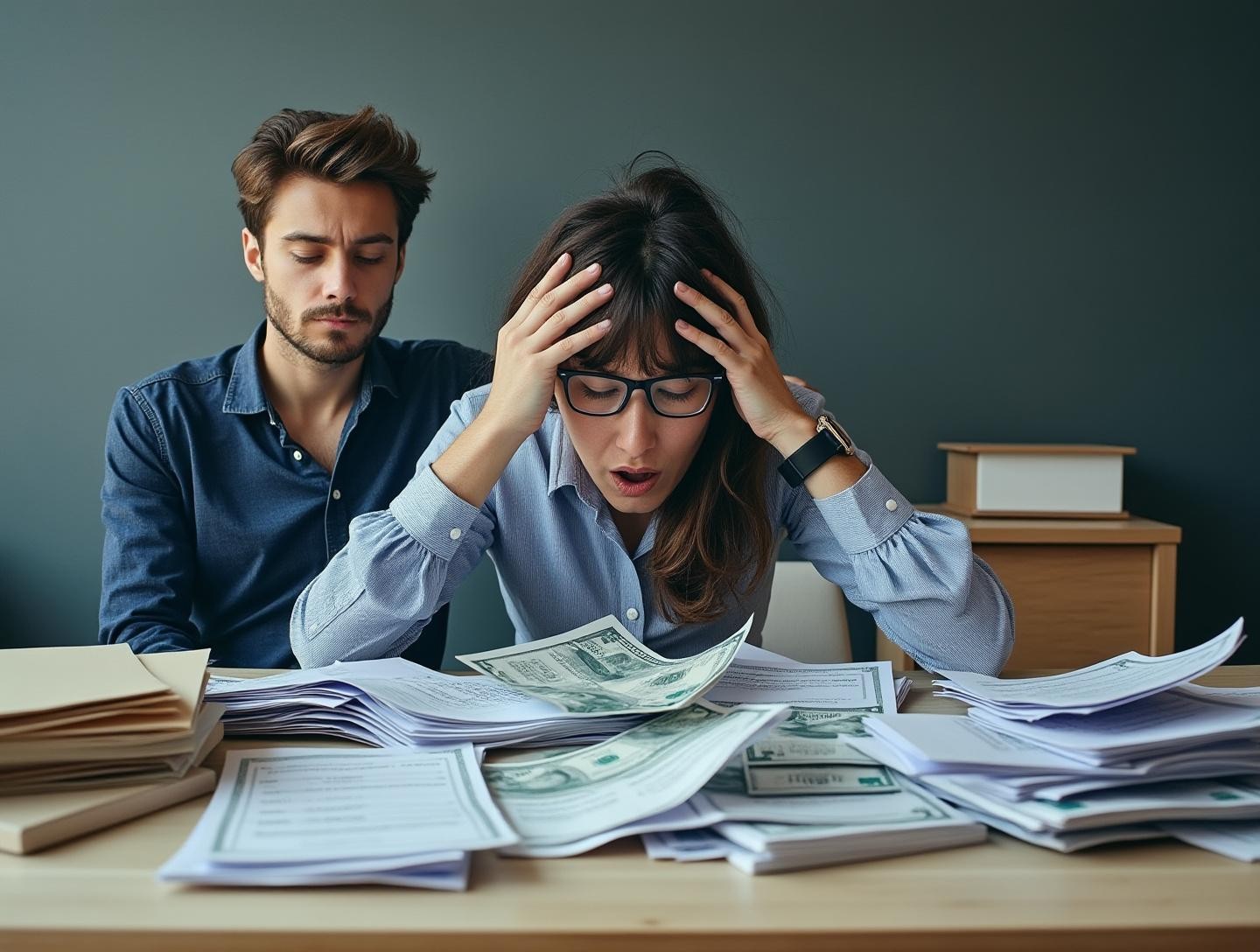 Sitting at a table filled with overdue payment notices, looking stressed and frustrated, highlighting the burden of unnecessary expenses.