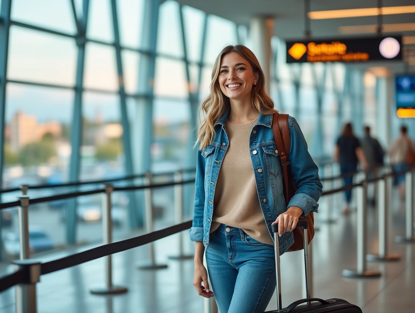 Person standing near an airport departure gate, bag in hand, exuding excitement and anticipation for new travel experiences.