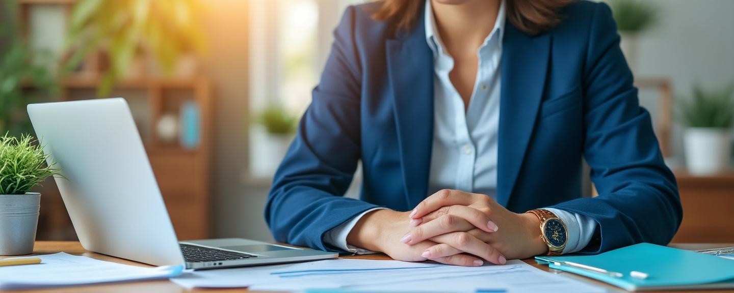 Consultant sitting at a desk with paperwork and a laptop, ready to help solve timeshare concerns.