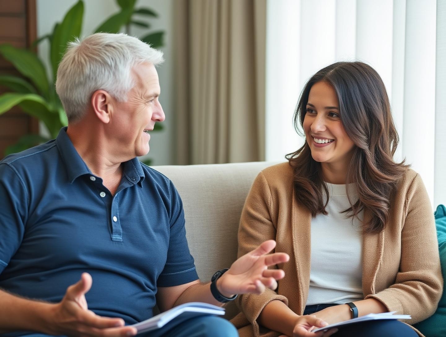 Client in a comfortable office environment talking to an expert about timeshare options.