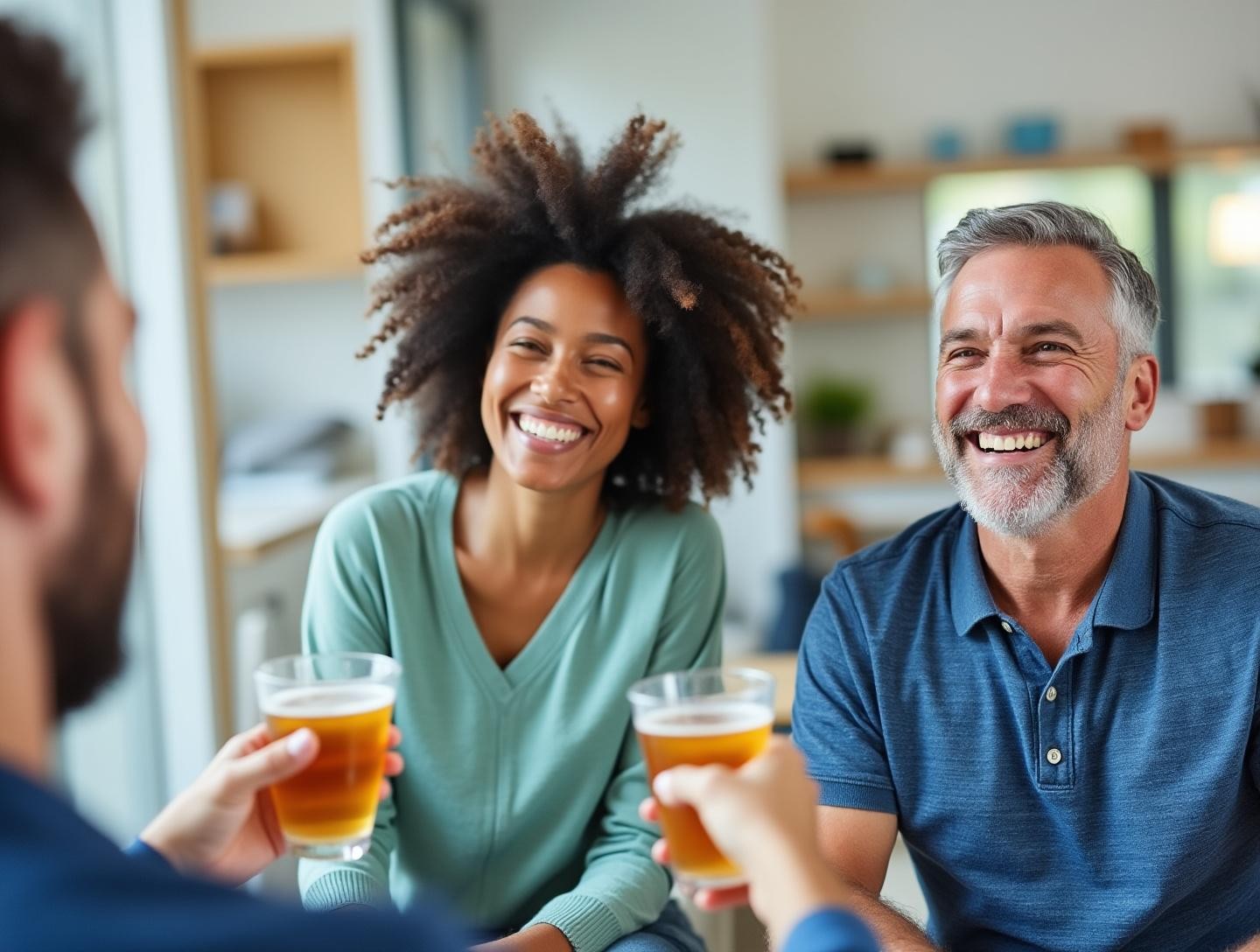 Individuals in a bright, cheerful room feeling relieved and joyful after resolving their timeshare issues.