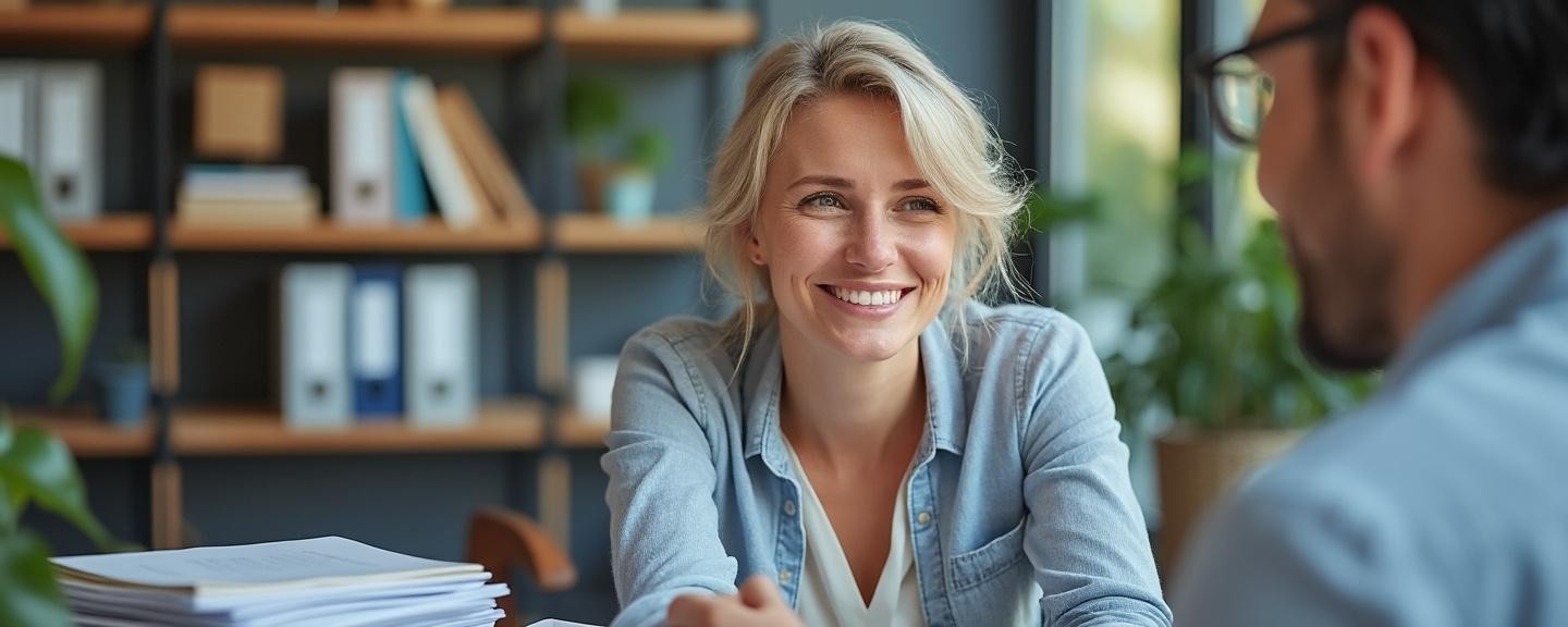 Modern office setting with stacks of paper and organized files