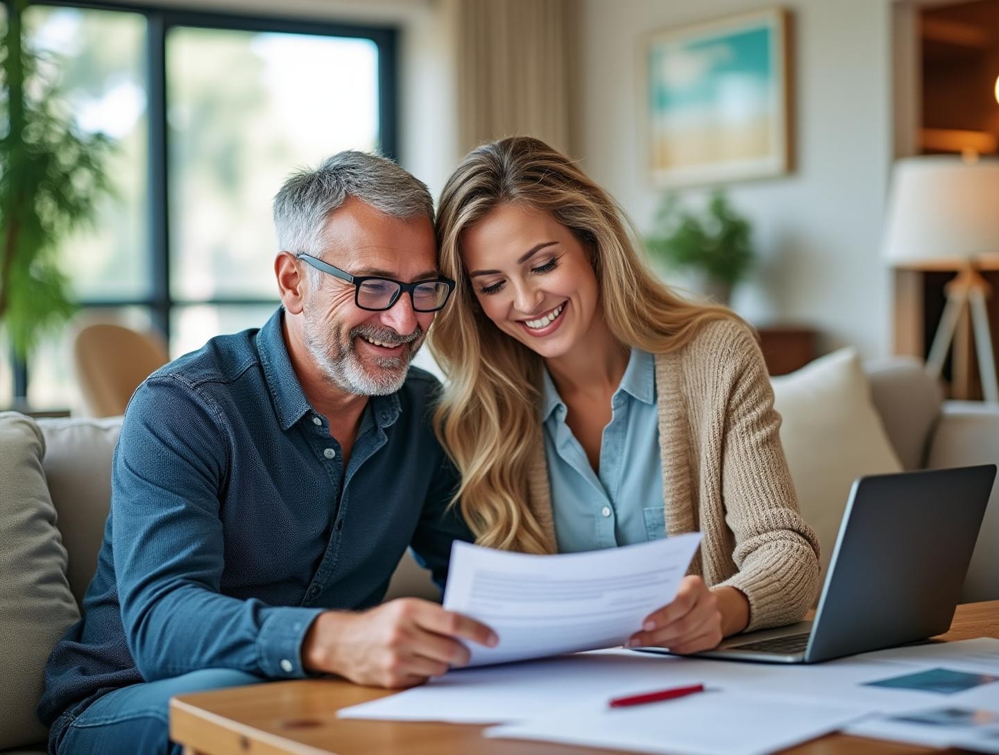 Cozy home environment with a laptop and a coffee table cluttered with papers