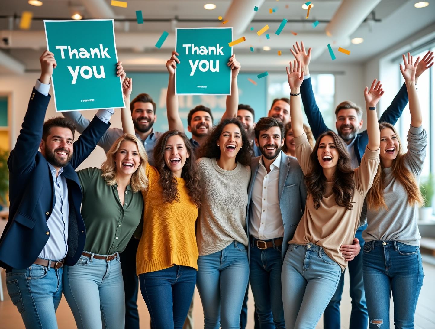 Bright office space with thank-you banners and confetti in the air