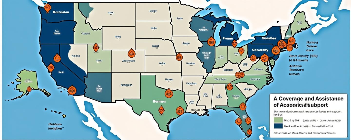 Highlighted areas showing coverage and assistance availability with symbols representing support centers