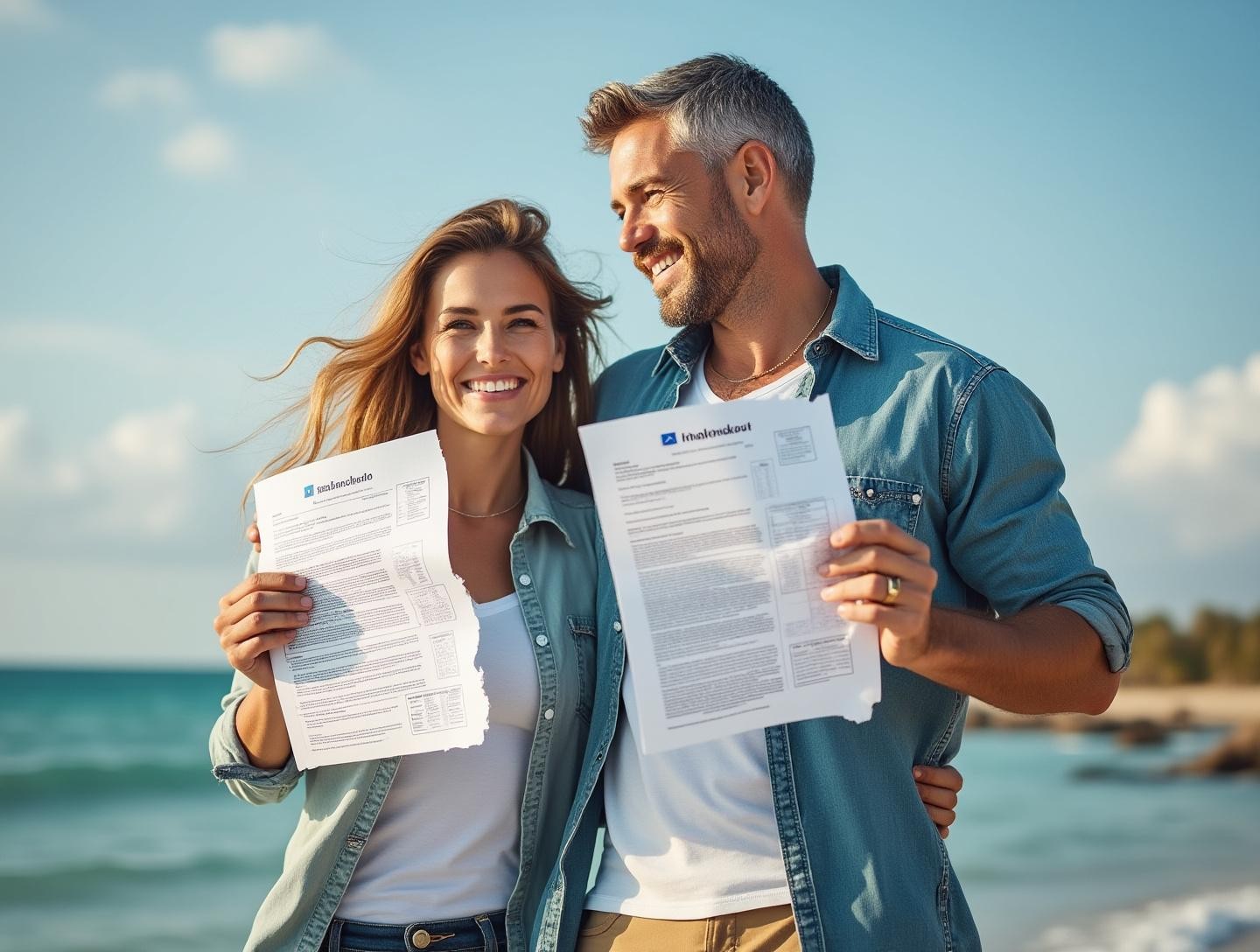 Beach setting as they stand joyfully, holding torn timeshare documents and celebrating their freedom