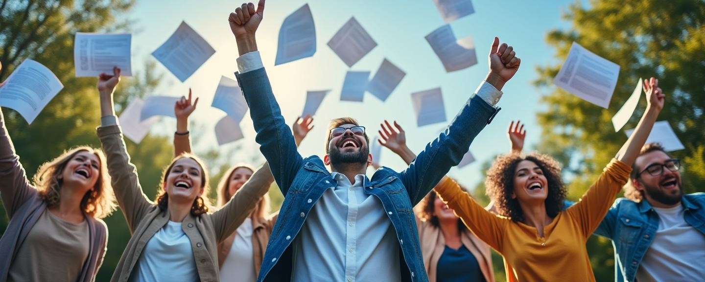A group of people outside in a park, smiling and throwing paperwork into the air