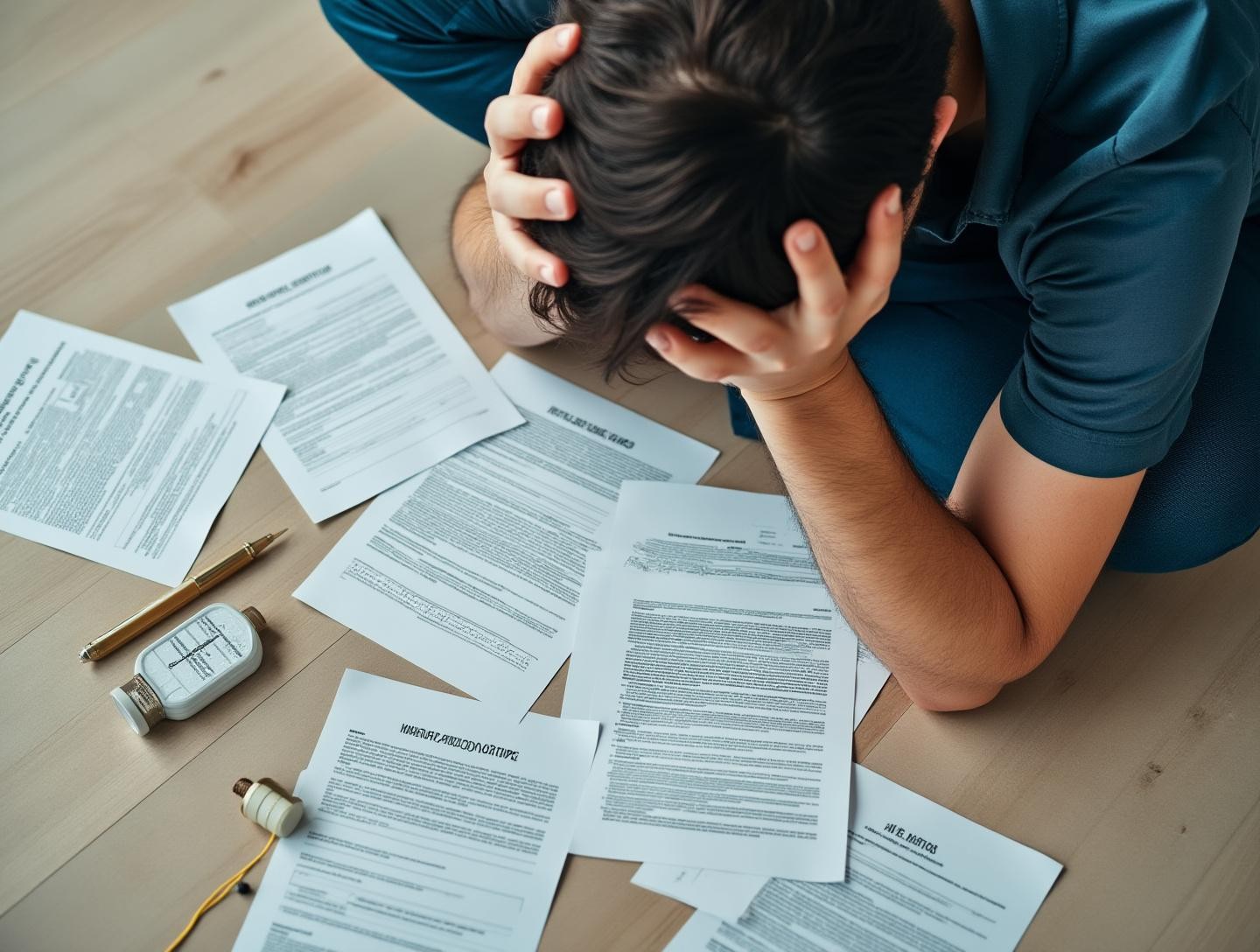 An individual sitting on the floor holding their head in distress surrounded by timeshare contracts