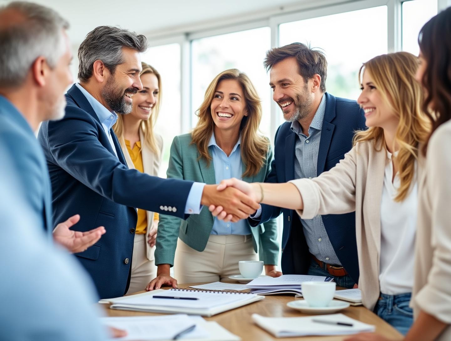 A diverse group of people happily talking and shaking hands in a welcoming meeting space