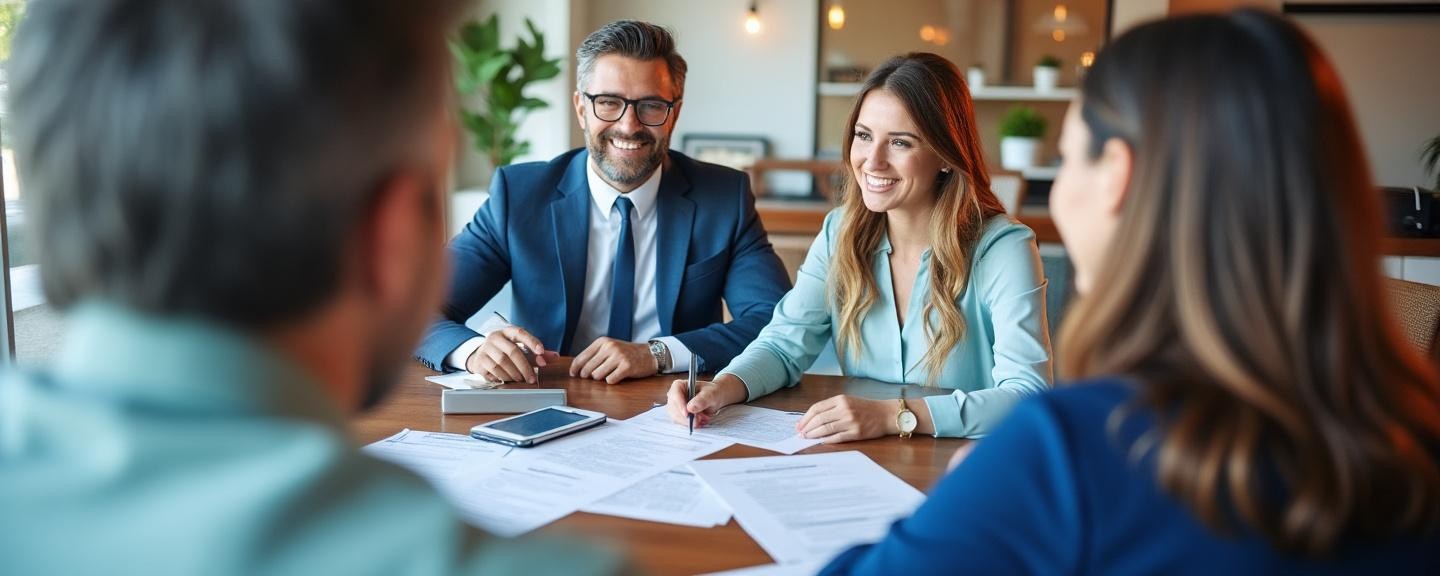 Office setting with a consultant discussing with clients, showing documents and legal paperwork on the table.
