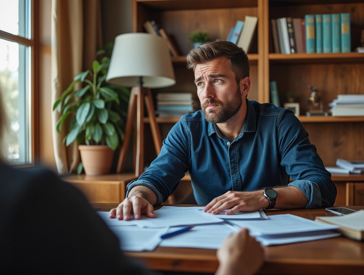 Individual sitting in a room looking concerned, surrounded by timeshare contracts and documents.