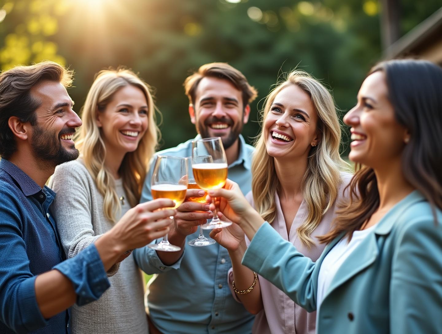 Outdoor gathering with people smiling and socializing, holding glasses for a toast in celebration.