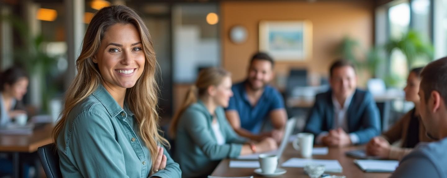 An office setting with a supportive atmosphere, featuring the professional talking to individuals about timeshare exit solutions