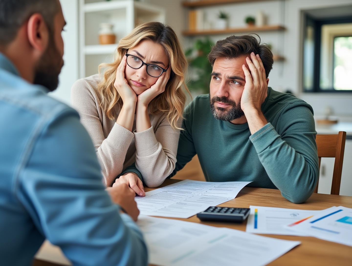 At a table with papers and a calculator, looking confused about timeshare documents