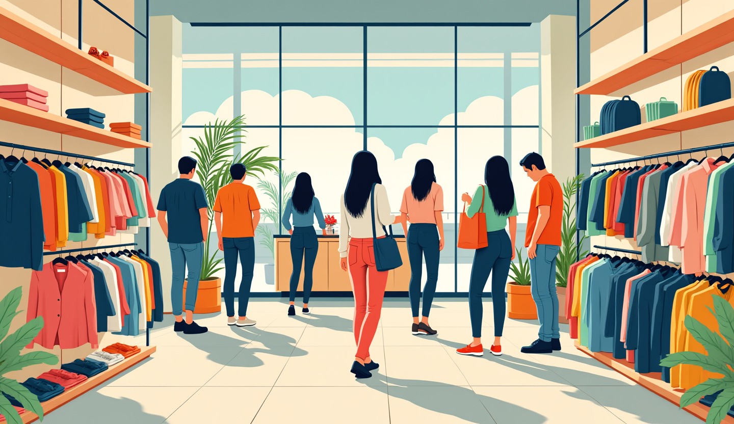 Vibrant clothing display in a modern retail store setting with customers browsing racks.