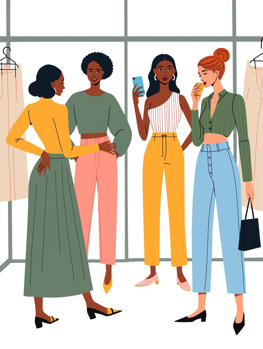 Individuals trying on different outfits in a well-lit fitting room within a department store.