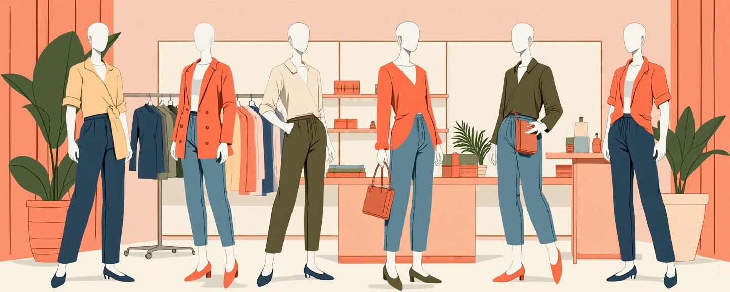 Mannequins dressed in relaxed yet stylish outfits amidst an upscale boutique interior.