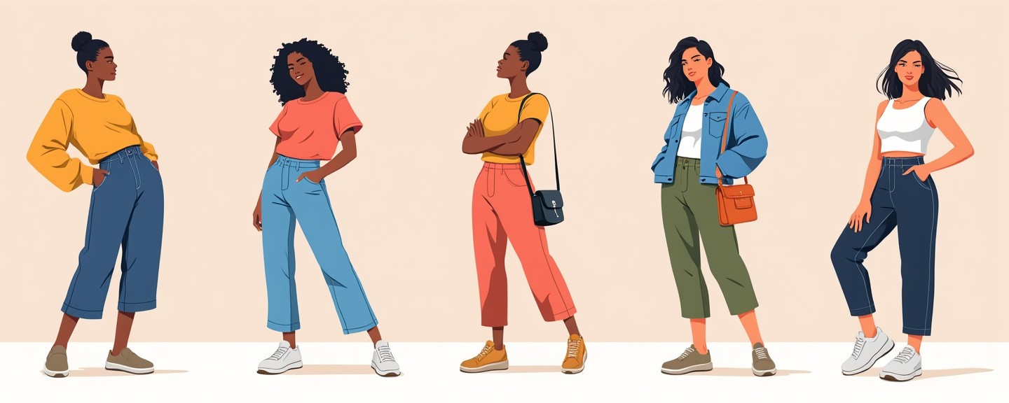 People posing confidently in airy, comfortable environments with fashionable casual clothes.