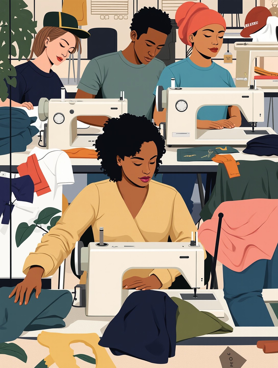 Artisans working diligently at sewing machines in a workshop emphasizing quality clothing production.