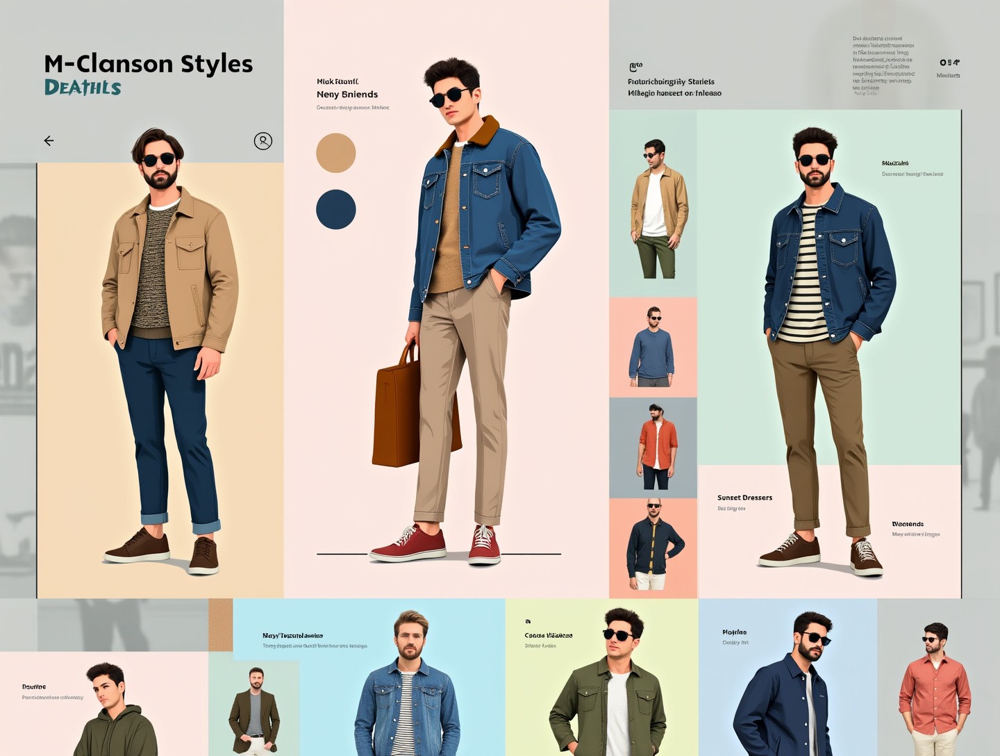 Array of men's outfits displayed against an urban backdrop illustrating sophistication and comfort.